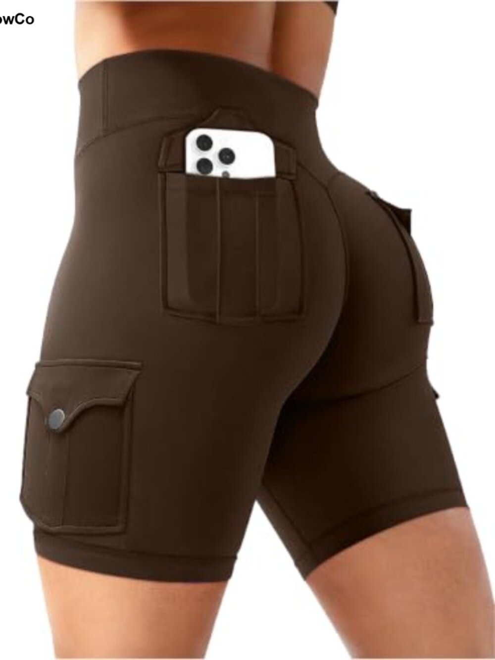 Women's High-Waisted Cargo Biker Shorts with Pockets, Athletic Bottoms, Nylon &